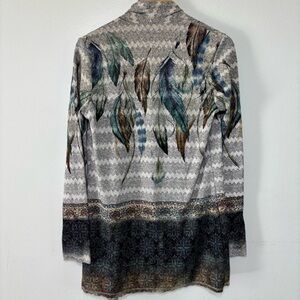 Vocal Boho Earthy Teal Blue Feather Print Rhinestone Embellished Cardigan Medium